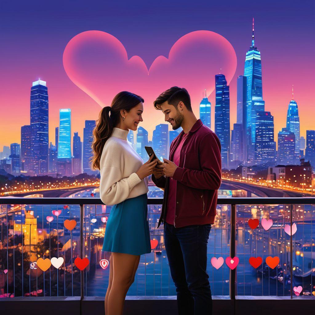 A modern couple smiling and engaging with their smartphones, surrounded by floating icons of popular dating apps like heart emojis, chat bubbles, and data connection symbols. The background features a vibrant city skyline at dusk, symbolizing digital connection in urban life. The image captures a sense of hope and excitement about finding love through technology. playful and energetic colors. super-realistic.