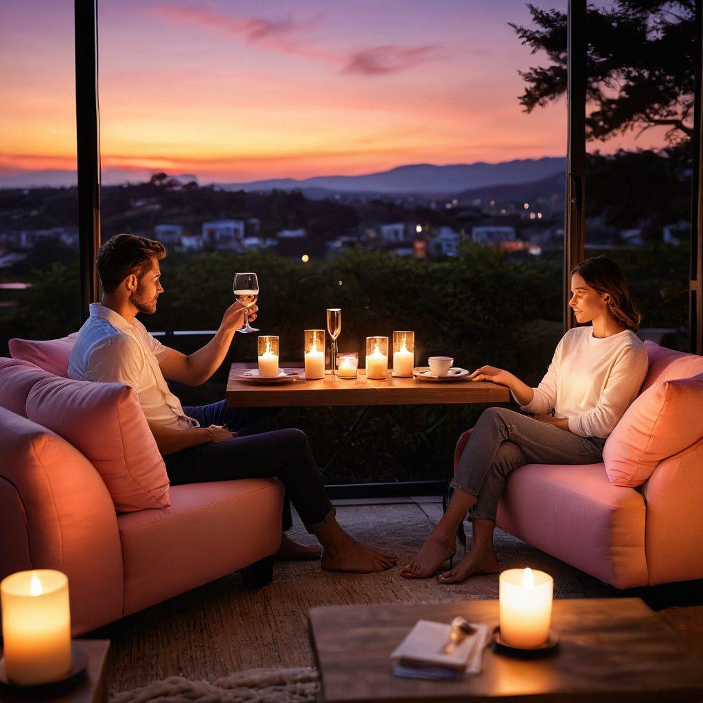 A warm, inviting scene of a couple deep in conversation, surrounded by soft candlelight and cozy pillows, symbolizing intimacy and connection. The background features a dreamy sunset that casts a romantic glow, with subtle hints of technology like smartphones in the corner. Emphasize genuine emotions and connection, illustrating the modern dating experience. super-realistic. warm colors. soft lighting.