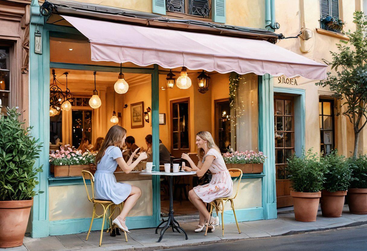 A whimsical scene depicting two people engaging in a playful conversation at a quaint café, surrounded by soft pastel colors and warm lighting. Include subtle visual cues of flirtation, like shared laughter, a playful touch, and lingering eye contact, with delicate floral decorations in the background symbolizing romance. Capture the essence of connection and warmth in an inviting atmosphere. watercolor art. soft pastel colors. enchanting vibe.
